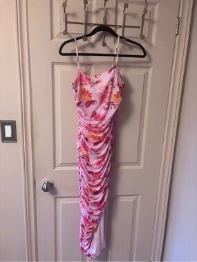 privy Pink Floral Ruched Midi Slip Dress